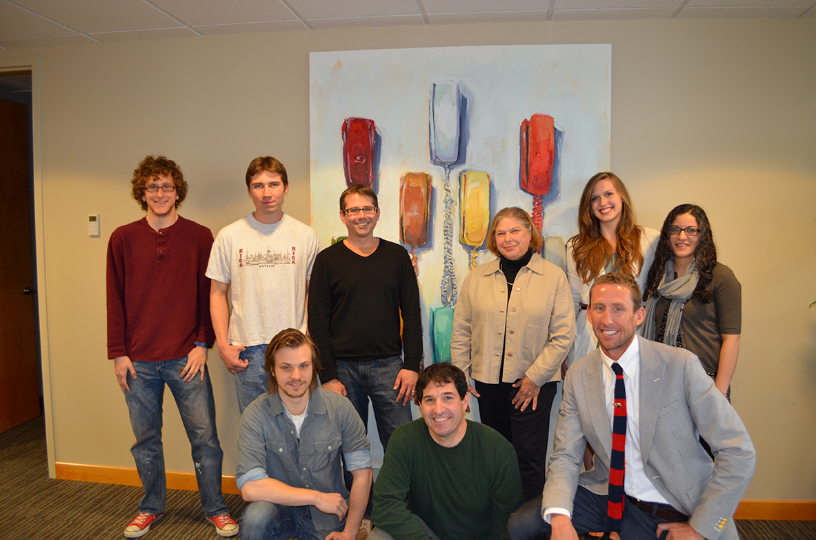 Top row, L-R: Kyle Choy, Vilis Lipins, Prof. Aaron Holz, Bonnie Ostdiek, Andrea Maack & Shereen Zangeneh. Front row L-R: Carl Jernberg, Prof. Matthew Sontheimer and Thomas Woods, IV