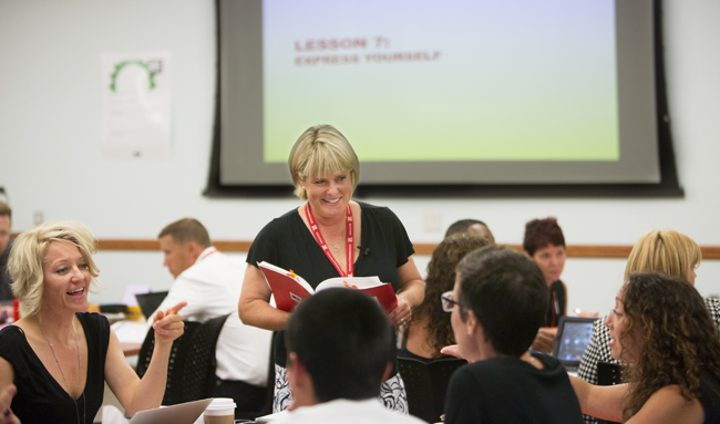 UNL school psychology professor discusses the new N-Lighten curriculum Monday during a session with Paul Mitchell Schools owners and directors. (Craig Chandler/University Communications)