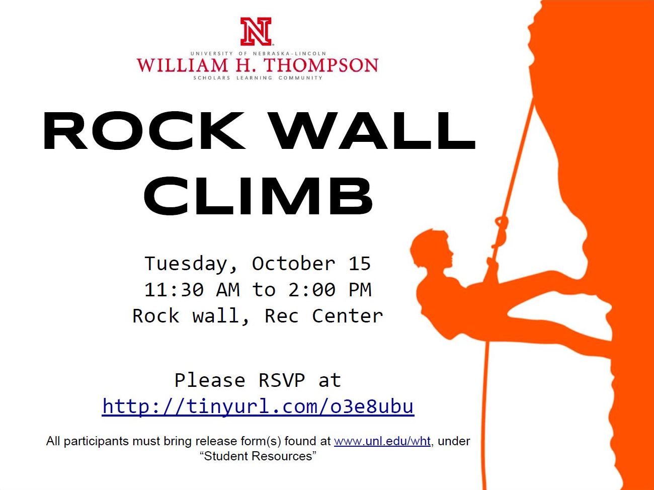 Rock Wall Climb, Tuesday, October 15, 11:30 a.m. to 2:00 p.m. at the Rec Center