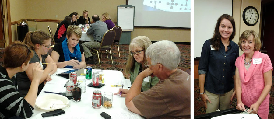 Teachers (left photo) work on an activity during the Greater Nebraska Math Teachers Circle for secondary educators. Sarah Timmer and Cindy Beaman of GIPS presented another GNMTC to elementary teachers before NATM.