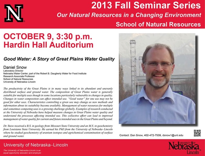 Dan Snow will present "Good Water -- A Story of Great Plains Water Quality" at 3:30 p.m., Oct. 9 in Hardin Hall auditorium.