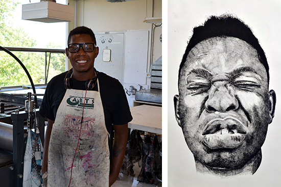 (left) Adrian Armstrong. (right) Adrian Armstrong's "Mickey," one of three pieces accepted into the exhibition.