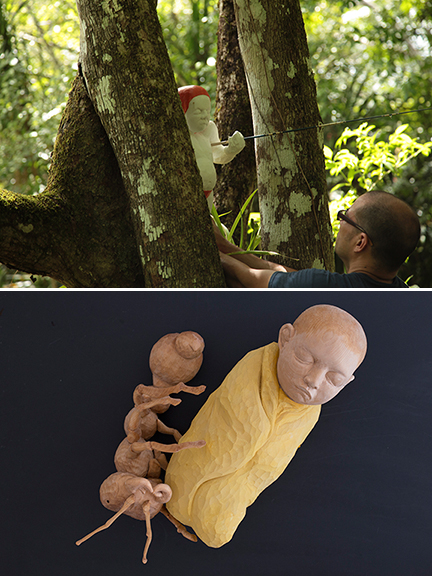 Top:  Santiago Cal installs "Joust" at the Poustinia Land Art Park in Belize. Bottom:  Santiago Cal, "After the Blues."