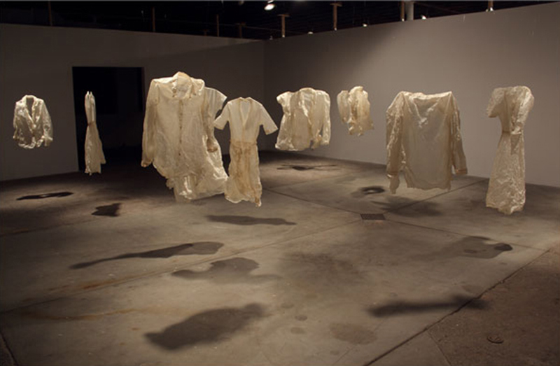 Emma Nishimura, “Vestige:  Navigating the Layers,” paper garments, installation view, 2011. From the exhibition "The (multi) Pliable Body" opening Nov. 8 at the Eisentrager-Howard Gallery in Richards Hall.