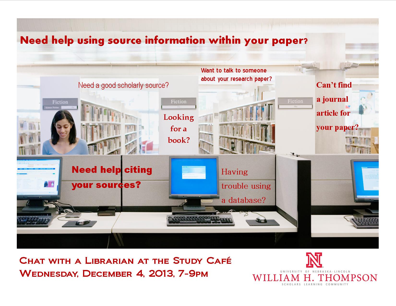 Chat with a Librarian at the Study Cafe: Wednesday, December 4 from 7-9 p.m.
