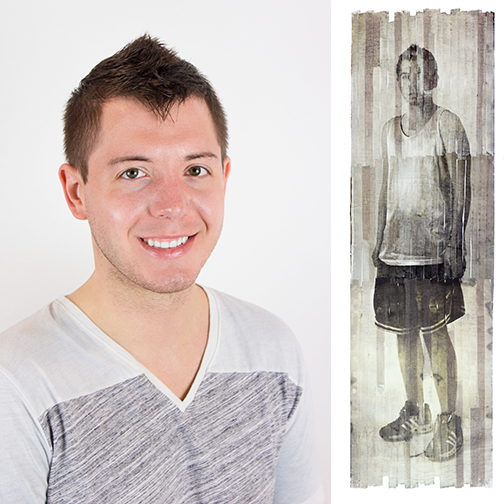 Left:  Chadric Devin; Right:  Chadric Devin, "Self Portrait," Van Dyke brown print on athletic tape, 82 x 24", 2013.