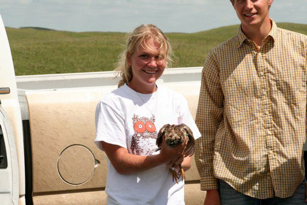 Ashley Burns helps to radio tag a prairie chicken. (Courtesy photo)
