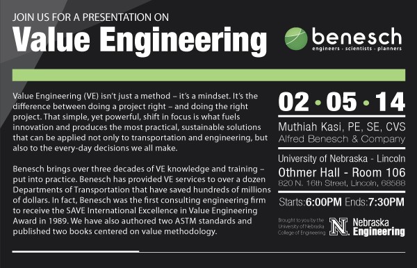 Value Engineering presentation is Feb. 5 at 6 p.m. in Othmer 106