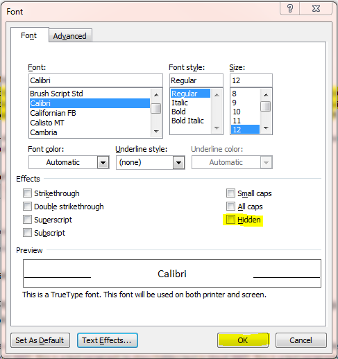 MS Word Feature - Hiding/Unhiding text