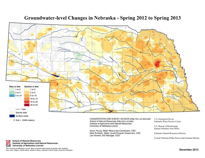 Map outlining groundwater-level changes in Nebraska from spring 2012 to spring 2013. (Courtesy Conservation and Survey Division)