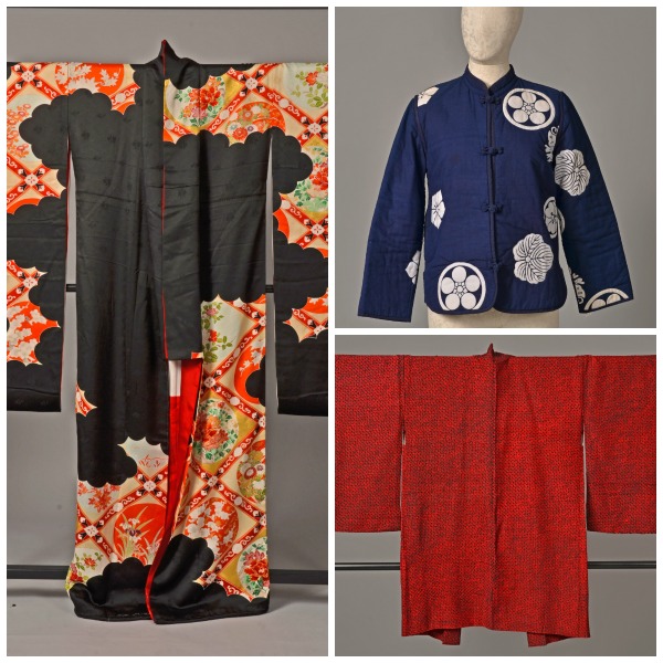 Top right: Hapi coat, navy cotton, origin Japan, acquired 1990, gift of Kathryn Lohr.  Bottom right: Haori (light weight coat), Shirbori dyed silk, acquired 1990, gift of Kathryn Lohr. Left: Silk formal Kimono, origin Japan, acquired 1990, gift of Kathryn