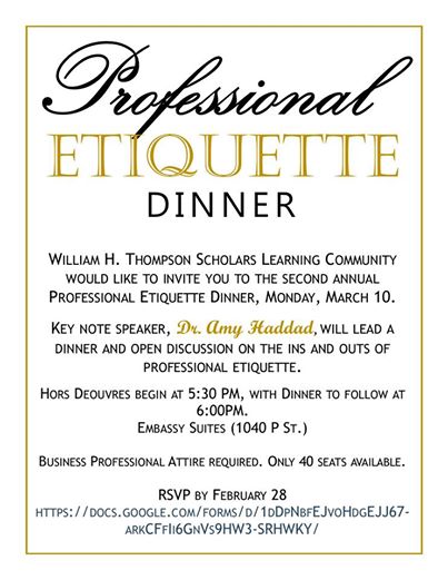 Professional Etiquette dinner is on Monday 3/10/14