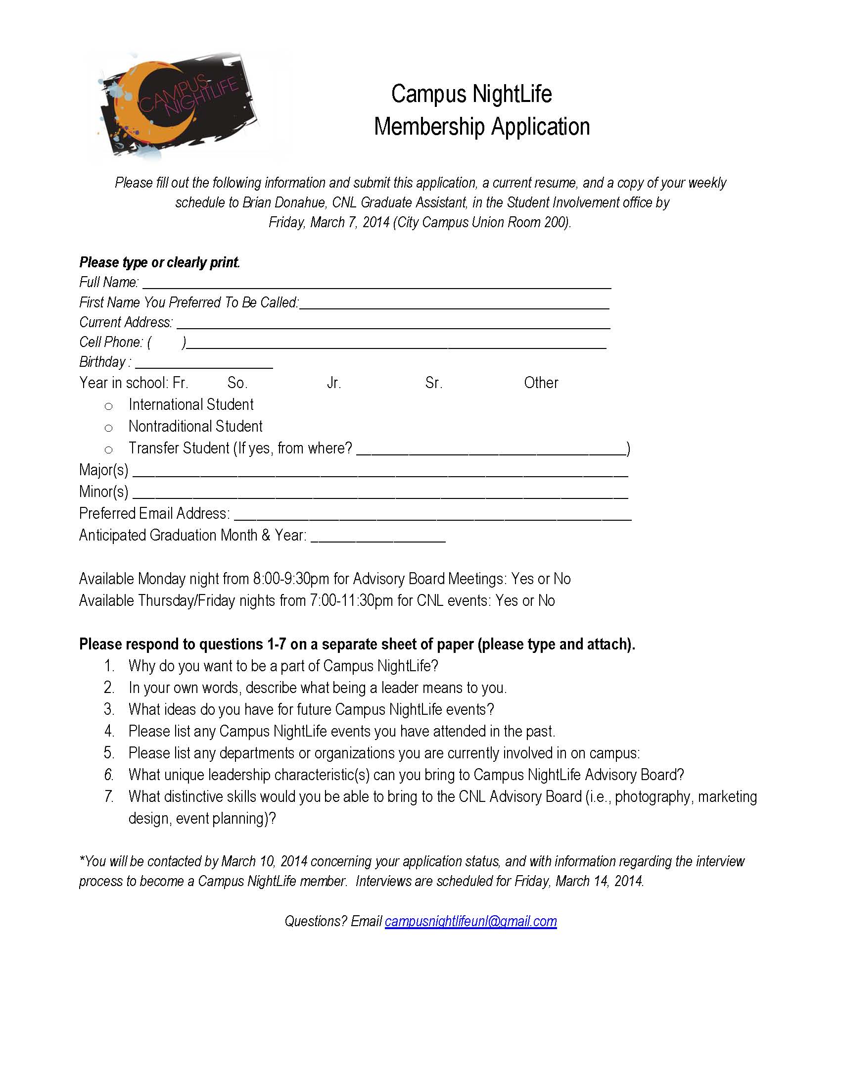 Campus NightLife Membership Application 