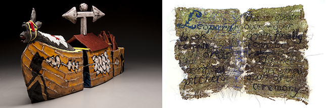 (left) Aaron Sober, "Ship of Fools," earthenware, 36" x 6" x 14", 2013; (right) Camille Hawbaker, "Leopards," thread, ink, paper and ash, 9" x 12", 2013.