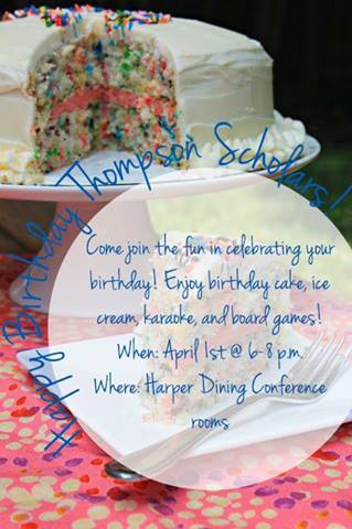 Monday April 1st from 6-8pm Birthday Cake Social at Harper Dining Conf. rooms
