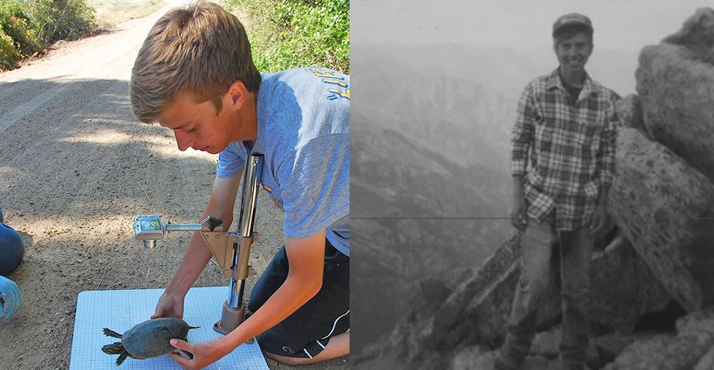 Left: Ian Hoppe with a turtle at Cedar Point Biological Station in Ogallala, Nebraska. Right: Hoppe near Long's Peak in Estes Park, Colorado. (Courtesy photos)