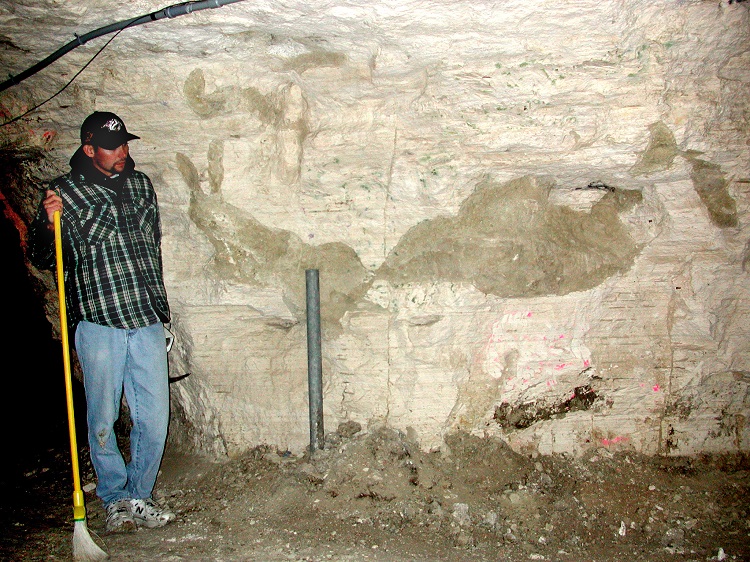 Shane Tucker, NU State Museum highway paleontologist, with the burrow image reconstructed as it would be exposed in the wall of the Happy Jack Chalk Mine. (Angie Fox | NU State Museum)  