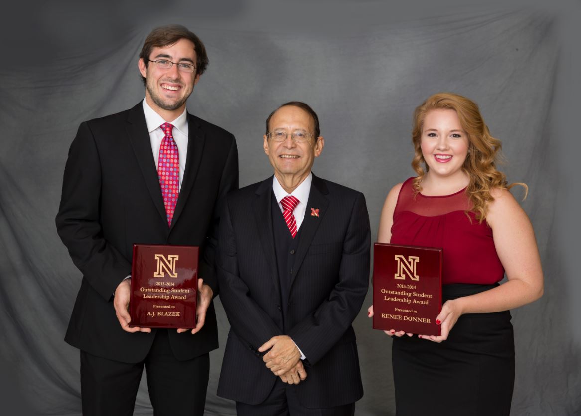 L-R: A.J. Blazek (recipient); Vice Chancellor Juan N. Franco, Renee Donner (recipient)