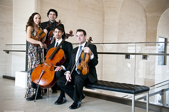 The Skyros String Quartet includes (left to right) Sarah Pizzichemi, violin; Justin Kurys, viola; William Braun, cello; and James Moat, violin.