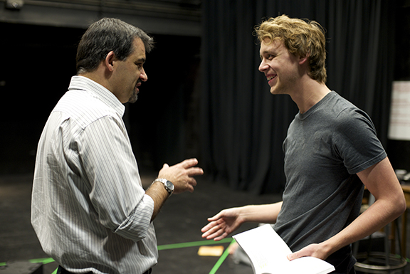 Director Ian Borden (left) visits with Tony Thomas, who plays the soldier Hart in "Unity." Photo by Michael Reinmiller.