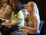 Marg Helgenberger works with students in Lecturer Laura Lippman's Intermediate Acting class in the Johnny Carson School of Theatre and Film. Photo by Michael Reinmiller.