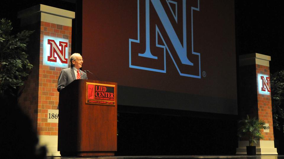 Chancellor Harvey Perlman delivers his 15th State of the University Address at UNL's Lied Center for Performing Arts on Oct. 2. (Troy Fedderson | University Communications)