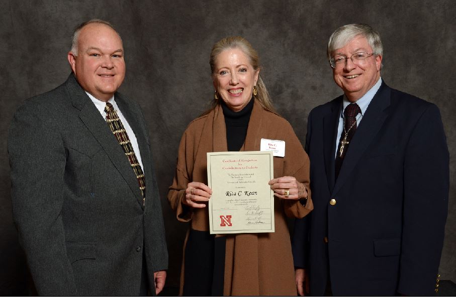 L to R: Bryan Reiling, Rita Kean, Timothy Draftz at the 2014 UNL Faculty and Staff Recognition for Contributions to Students Ceremony