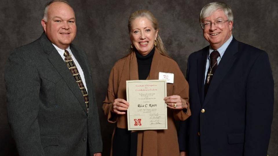 From left to right: Bryan Reiling, Rita Kean and Timothy Draftz at the 2014 UNL Faculty and Staff Recognition for Contributions to Students Ceremony
