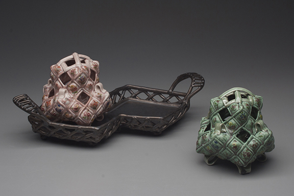 Margaret Bohls, "Double Vases on Tray," porcelain and stoneware, 2014.