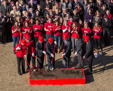 Dean Donde Plowman (second from left) is joined by university dignitaries as the College of Business Administration broke ground on a new building on March 4, 2015.