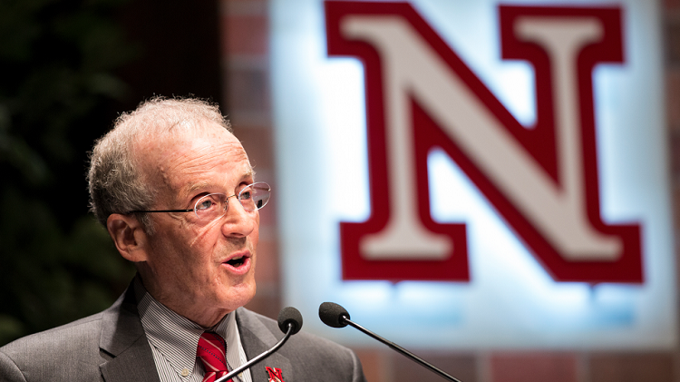 Chancellor Harvey Perlman during the 2014 State of the University address. Perlman announced April 1 that he would step down as chancellor on June 30, 2016. (Craig Chandler | University Communications)