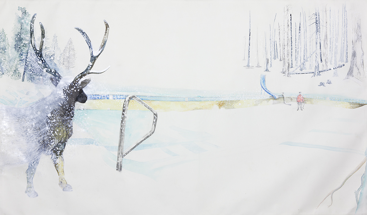 Kim Russo, "A Long Standoff (and an empty pool)," detail, 2008-12. Watercolor and mixed media paper, 71 34x121 34.