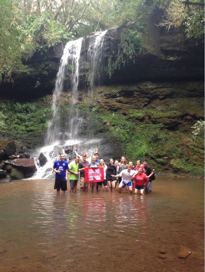 Students from the University of Nebraska–Lincoln display their Husker spirit in Brazil.  