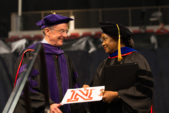 Barbara Hendricks receives her honorary doctor of fine arts degree from UNL Chancellor Harvey Perlman at Commencement on May 9. Photo by Greg Nathan.