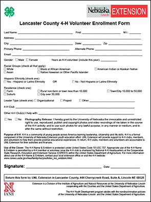 The 4-H Volunteer Enrollment Form is available as a fill-in pdf online.