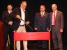 Left to right:  University of Nebraska Foundation President and CEO Brian Hastings, Jeff Sotzing, Lied Center Director William Stephan and Chancellor Harvey Perlman cut the ribbon to celebrate the reopening of the Johnny Carson Theater at the Lied Center 