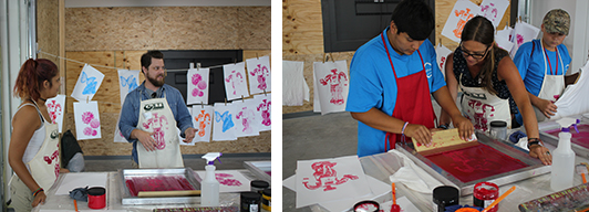 Assistant Professors of Art Aaron Sutherlen (left) and Stacy Asher (right) led a one-day screenprinting workshop at the Maker Space at Innovation Campus for the Native Youth Leadership Academy.