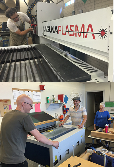 (top) Art Fabrication Space Manager Matt Bukrey sets up the CNC plasma cutter. Photo by Michael Reinmiller. (bottom) Cather Professor of Art Karen Kunc looks on as a new laser cutter is delivered to the printmaking studio. Photo by David Bagby.
