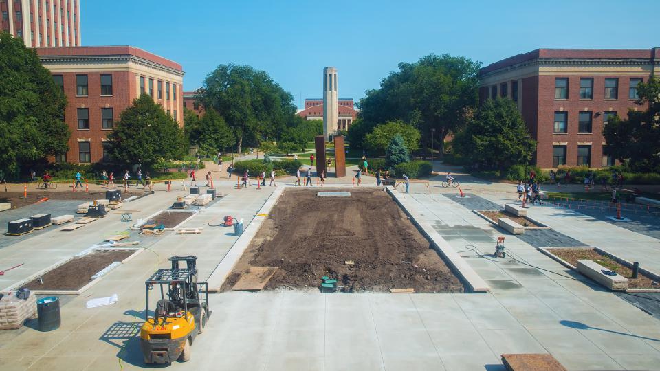 Construction continues on the new plaza that is part of the Love Library Learning Commons project. (Troy Fedderson | University Communications)