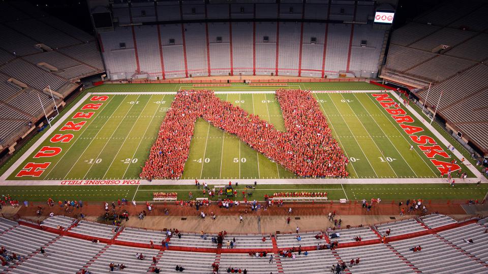 UNL's class of 2019 gathers to form an 'N' in Memorial Stadium before the fall semester. The 4,628 first-time students on campus this fall is the third-largest freshman class in the university's history. (Greg Nathan | University Communications)