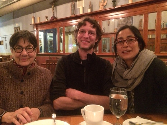 Professor Emeritus Gail Kendall (left) with Matt Kelleher and his wife, Shoko Teruyama, in North Carolina in March 2015. Photo courtesy of Gail Kendall.