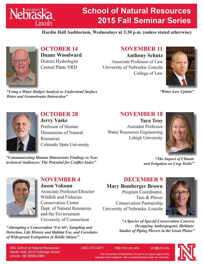 UNL's School of Natural Resources has announced the schedule for its fall research seminar series. 