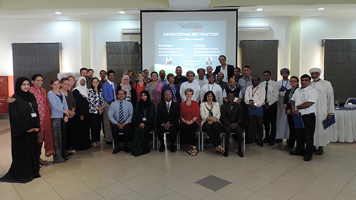 Dipra Jha and Linda Young, front row center, presented a workshop Sept. 29 at Oman Tourism College.