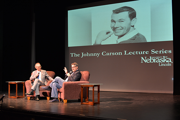 Pat Hazell (right) with Johnny Carson School of Theatre and Film Director Paul Steger at the Carson Lecture on Sept. 25.