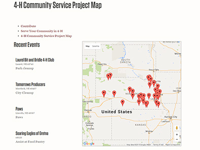 Screenshot of the 4-H Community Service Project Map website.