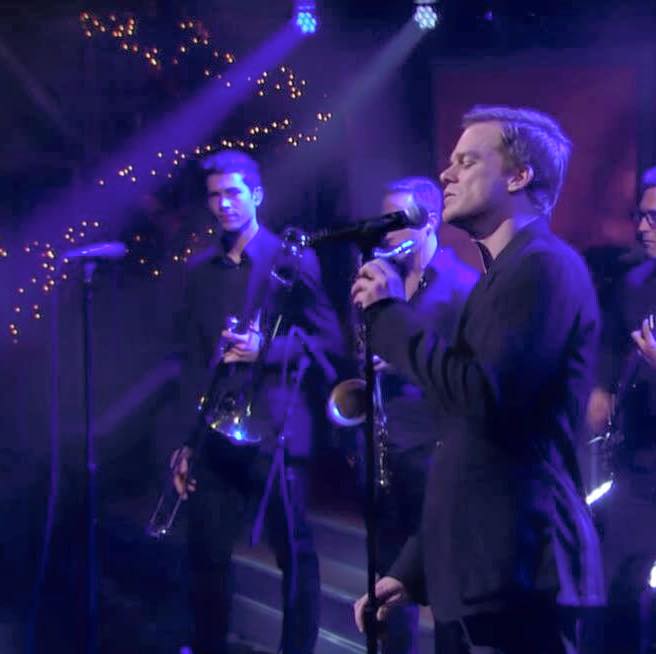 Karl Lyden (left, trombone) performed with Michael C. Hall and the cast of "Lazarus" on Stephen Colbert's "The Late Show" on Dec. 17.