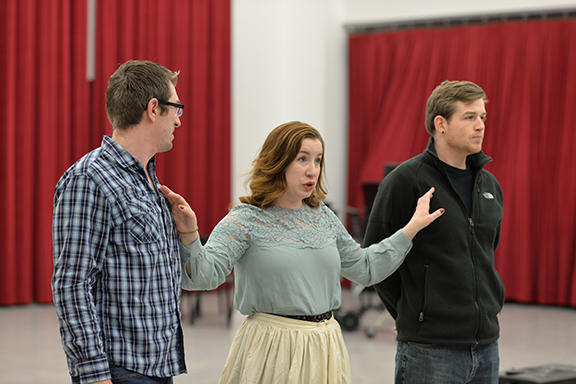 (left to right) Matthew Clegg, Lee Ann Frahn and Eric Martens rehearse "The Tales of Hoffmann," which has performances Feb. 19 and 21. Photo by Michael Reinmiller.