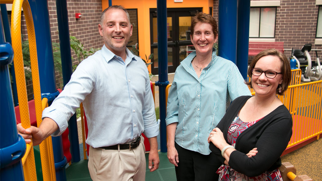 Paul Springer, Judy Burnfield and Natalie Williams at the Alexis Verzal Children’s Rehabilitation Hospital in Lincoln, Neb., where they are researching the impact of massage therapy for parents whose children are in rehabilitation.