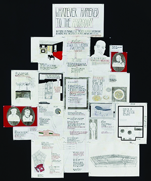 Deb Sokolow, “Whatever happened to the Pentagon (restaurant)?”, graphite, ink, correction fluid, acrylic, collage, type on paper, pins, 5 ft. x 5 ft., 2007. Sokolow presents a free public lecture on April 28 as part of the Hixson-Lied Visiting Artists & S