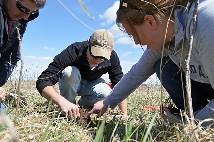 SNR faculty lecturer Rebecca Young points out a soil characteristic to Colton Reeder, senior environmental restoration science major (black hoodie), and Richard Vath, senior environmental restoration science major, during the field work portion of their p
